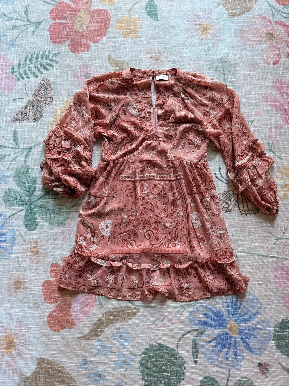 Dress Forum Mauve Floral Ruffle Sleeve Dress